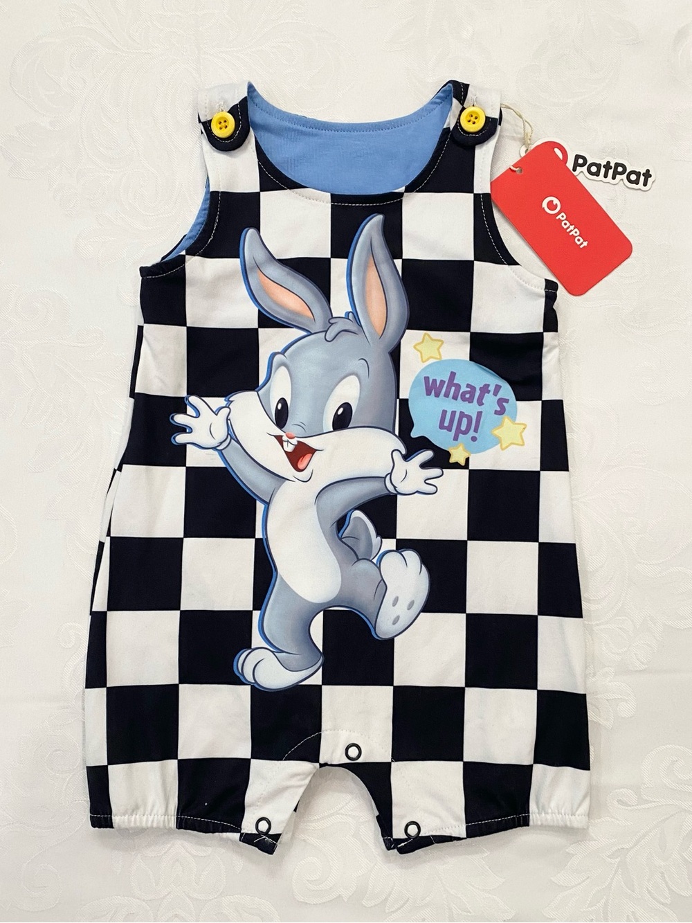 PatPat  Looney Tunes baby Black & White Check Bunny Romper, Size 9-12M